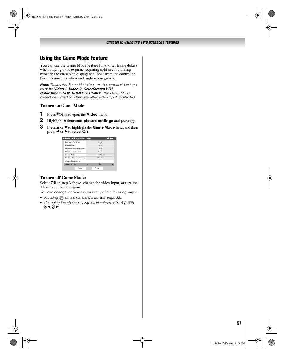 Using the game mode feature | Toshiba 56HMX96 User Manual | Page 57 / 90