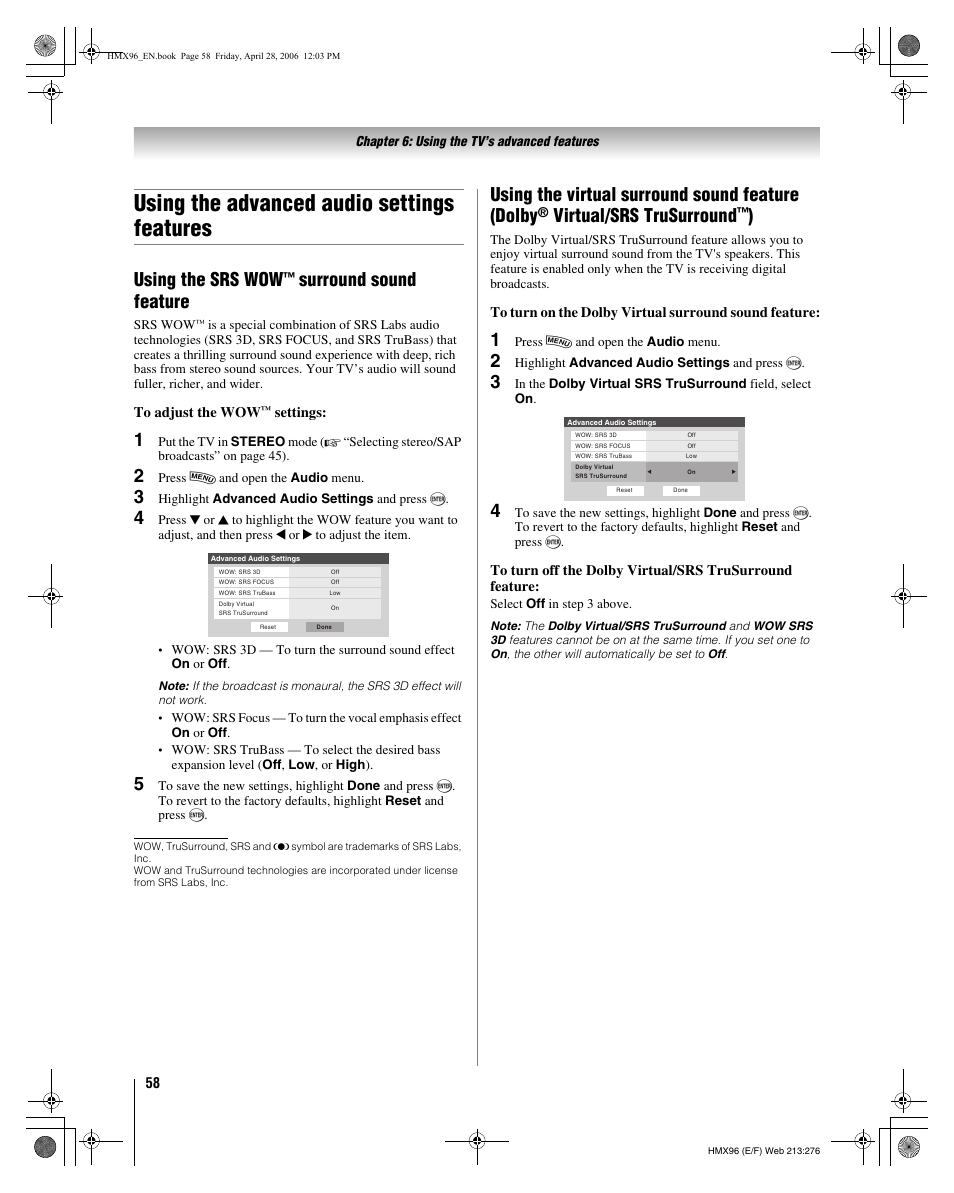 Using the advanced audio settings features, Using the srs wow, Surround sound feature | Using the virtual surround sound feature (dolby, Virtual/srs trusurround | Toshiba 56HMX96 User Manual | Page 58 / 90