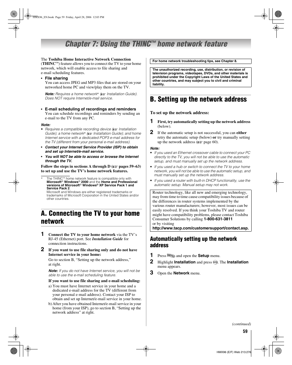Chapter 7: using the thinc, Home network feature, A. connecting the tv to your home network | B. setting up the network address, Automatically setting up the network address 1 | Toshiba 56HMX96 User Manual | Page 59 / 90