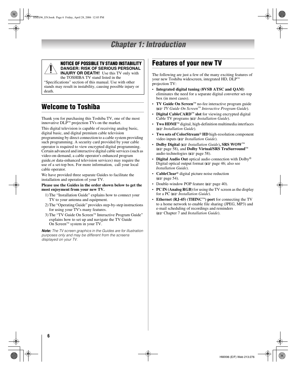 Chapter 1: introduction, Welcome to toshiba, Features of your new tv | Toshiba 56HMX96 User Manual | Page 6 / 90