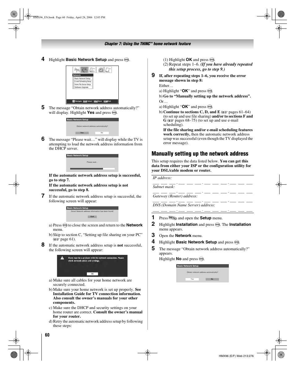 Manually setting up the network address | Toshiba 56HMX96 User Manual | Page 60 / 90