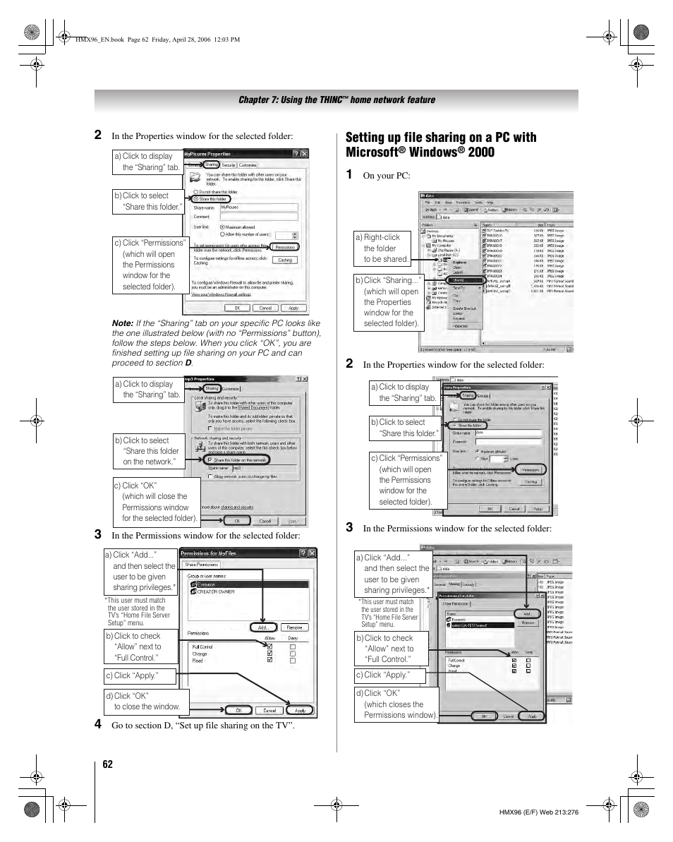 Setting up file sharing on a pc with microsoft, Windows | Toshiba 56HMX96 User Manual | Page 62 / 90