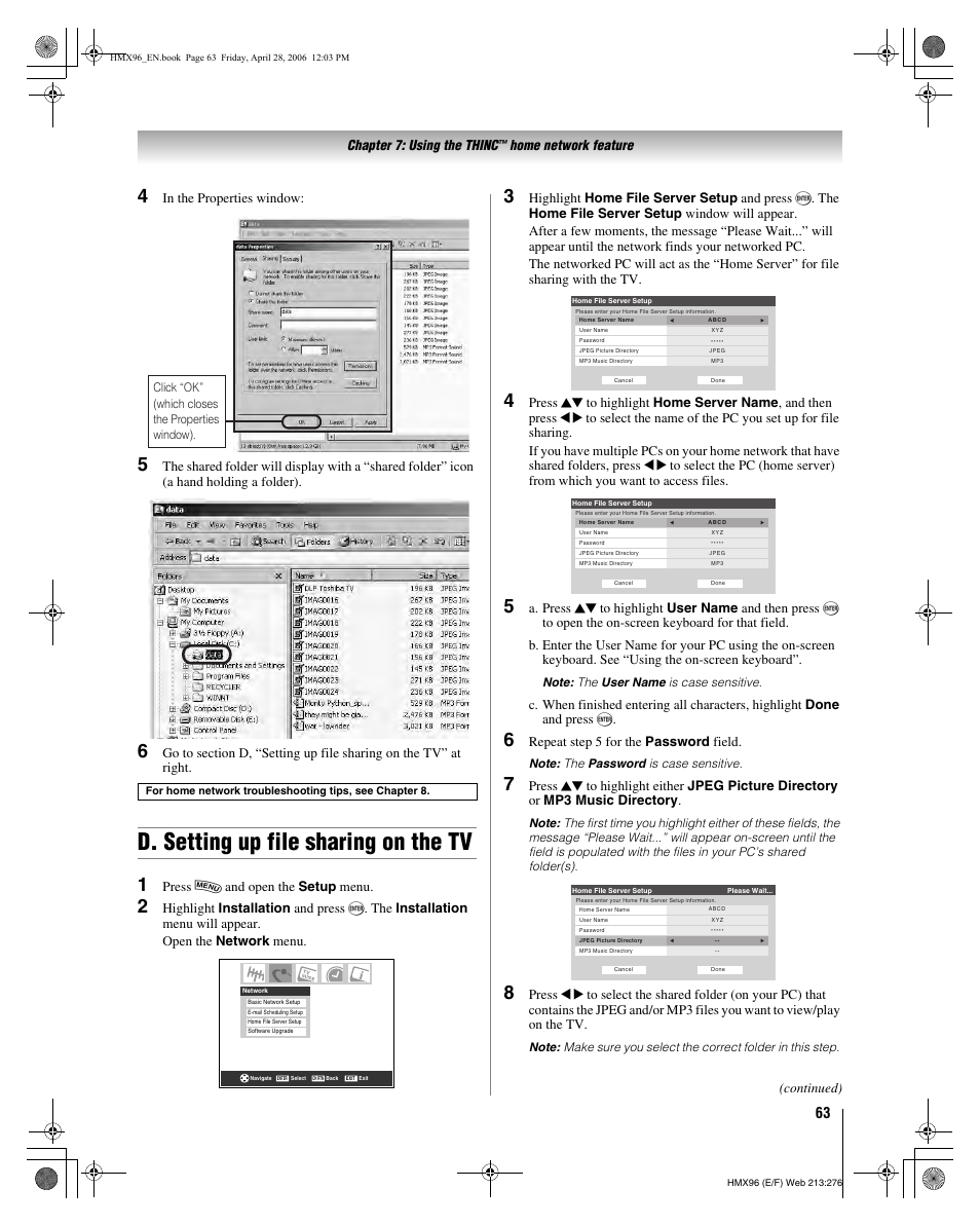 D. setting up file sharing on the tv, Chapter 7: using the thinc, Home network feature | Press y and open the setup menu, Repeat step 5 for the password field, Continued) | Toshiba 56HMX96 User Manual | Page 63 / 90