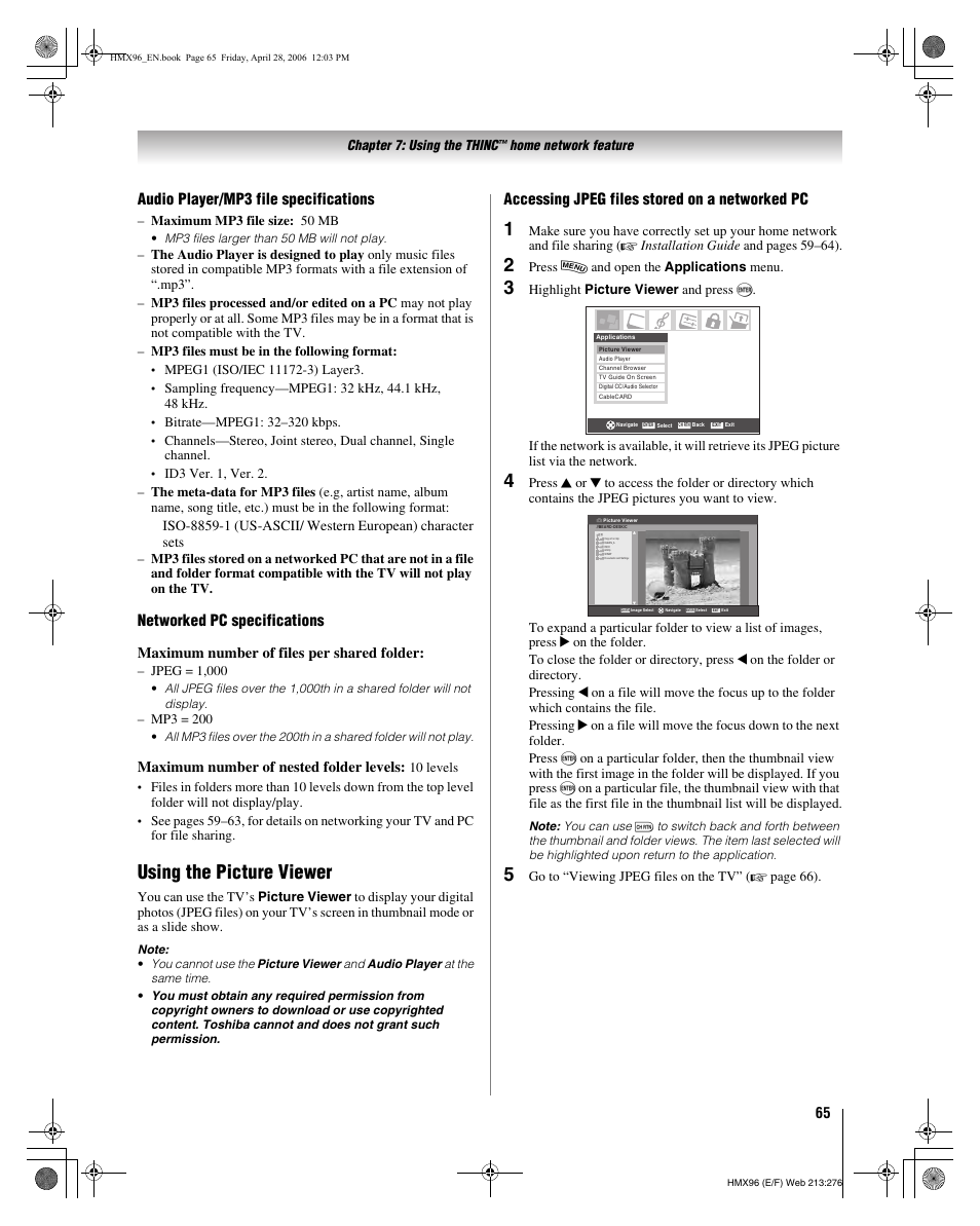 Using the picture viewer, Audio player/mp3 file specifications, Networked pc specifications | Accessing jpeg files stored on a networked pc, Maximum number of files per shared folder, Maximum number of nested folder levels | Toshiba 56HMX96 User Manual | Page 65 / 90