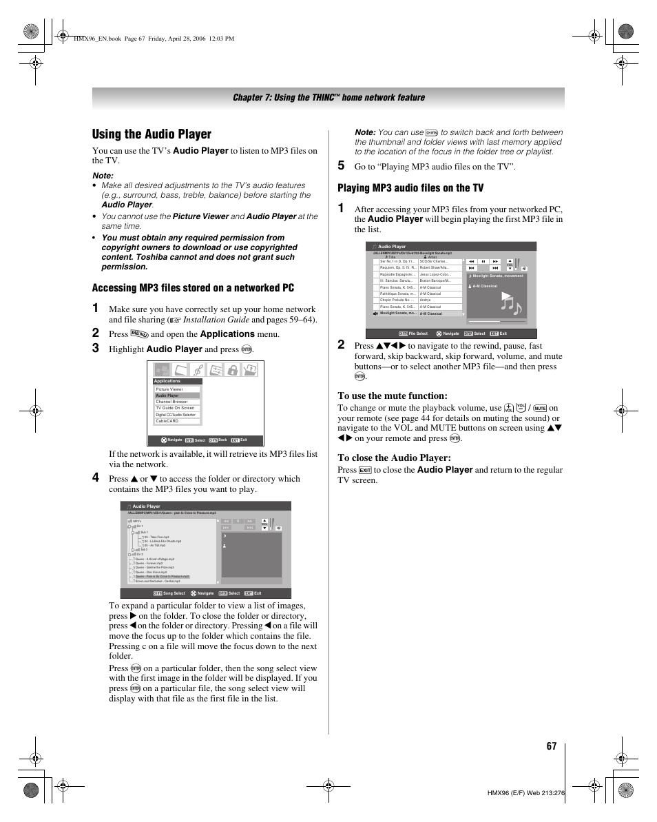 Using the audio player, Accessing mp3 files stored on a networked pc, Playing mp3 audio files on the tv | Chapter 7: using the thinc, Home network feature, Press y and open the applications menu, Go to “playing mp3 audio files on the tv | Toshiba 56HMX96 User Manual | Page 67 / 90