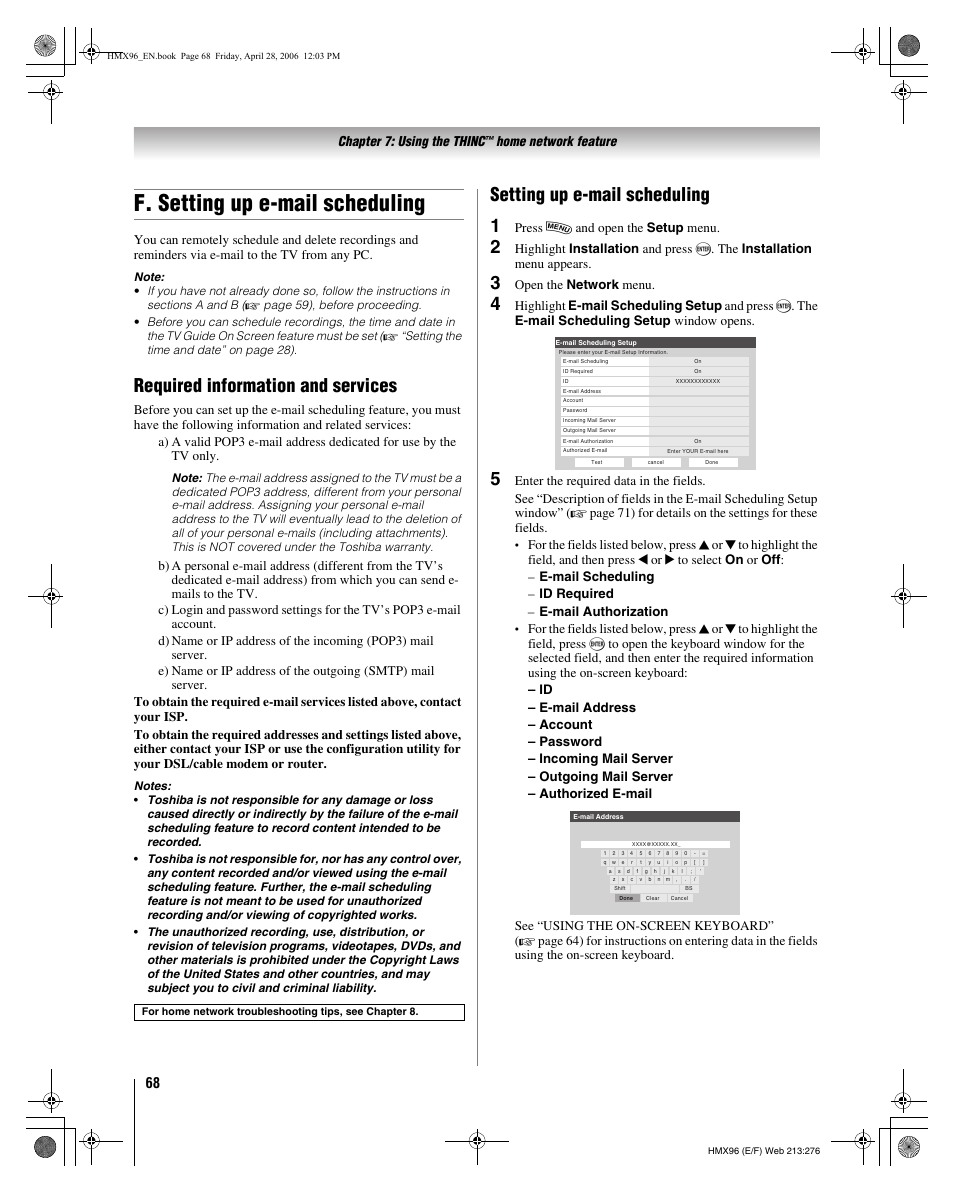 F. setting up e-mail scheduling, Required information and services, Setting up e-mail scheduling 1 | Chapter 7: using the thinc, Home network feature, Press y and open the setup menu, Open the network menu | Toshiba 56HMX96 User Manual | Page 68 / 90
