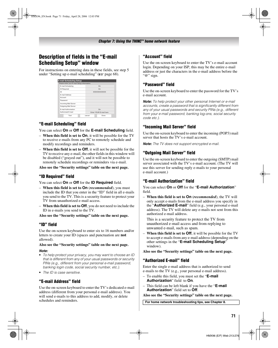 E-mail scheduling” field, Id required” field, Id” field | E-mail address” field, Account” field, Password” field, Incoming mail server” field, Outgoing mail server” field, E-mail authorization” field, Authorized e-mail” field | Toshiba 56HMX96 User Manual | Page 71 / 90