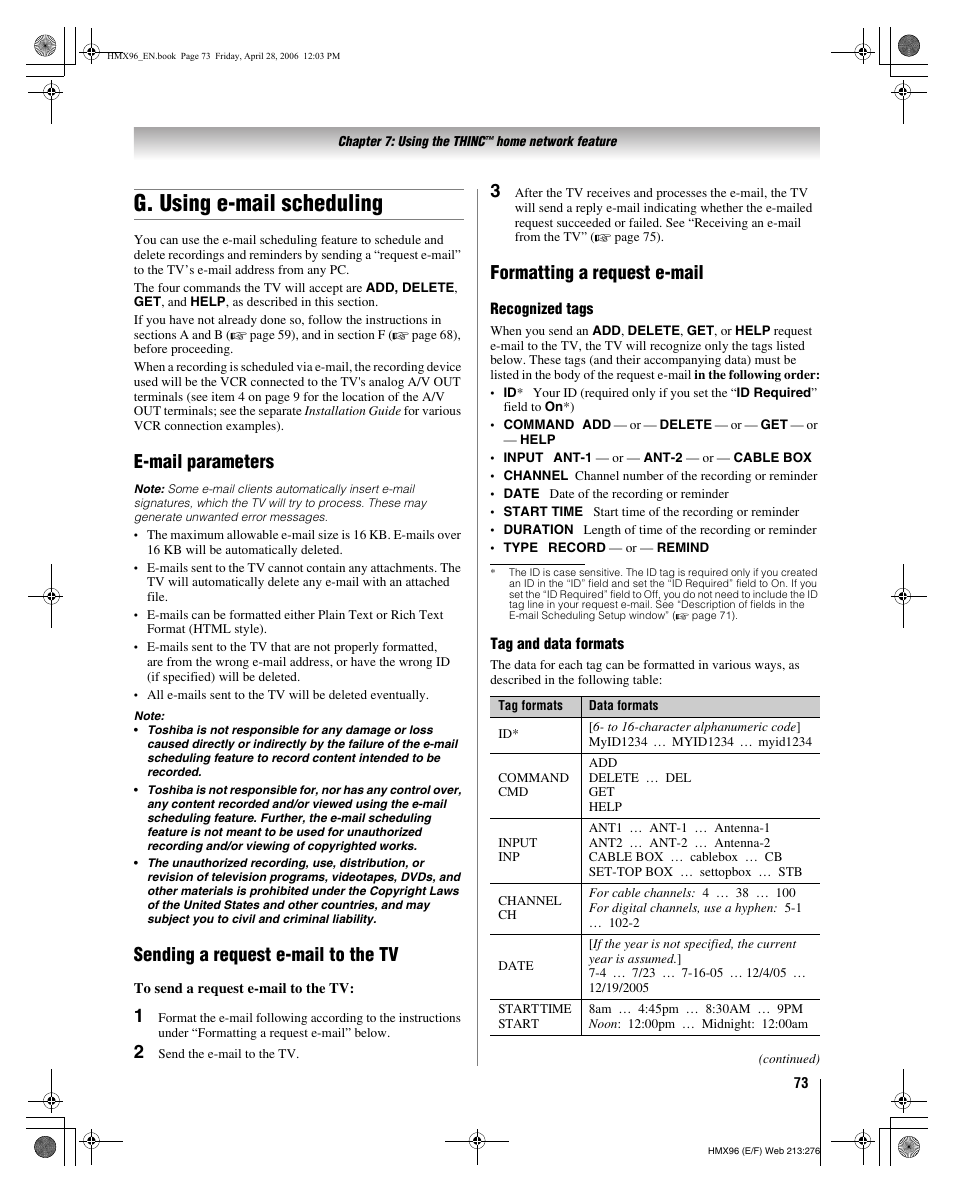 G. using e-mail scheduling, E-mail parameters, Sending a request e-mail to the tv | Formatting a request e-mail | Toshiba 56HMX96 User Manual | Page 73 / 90