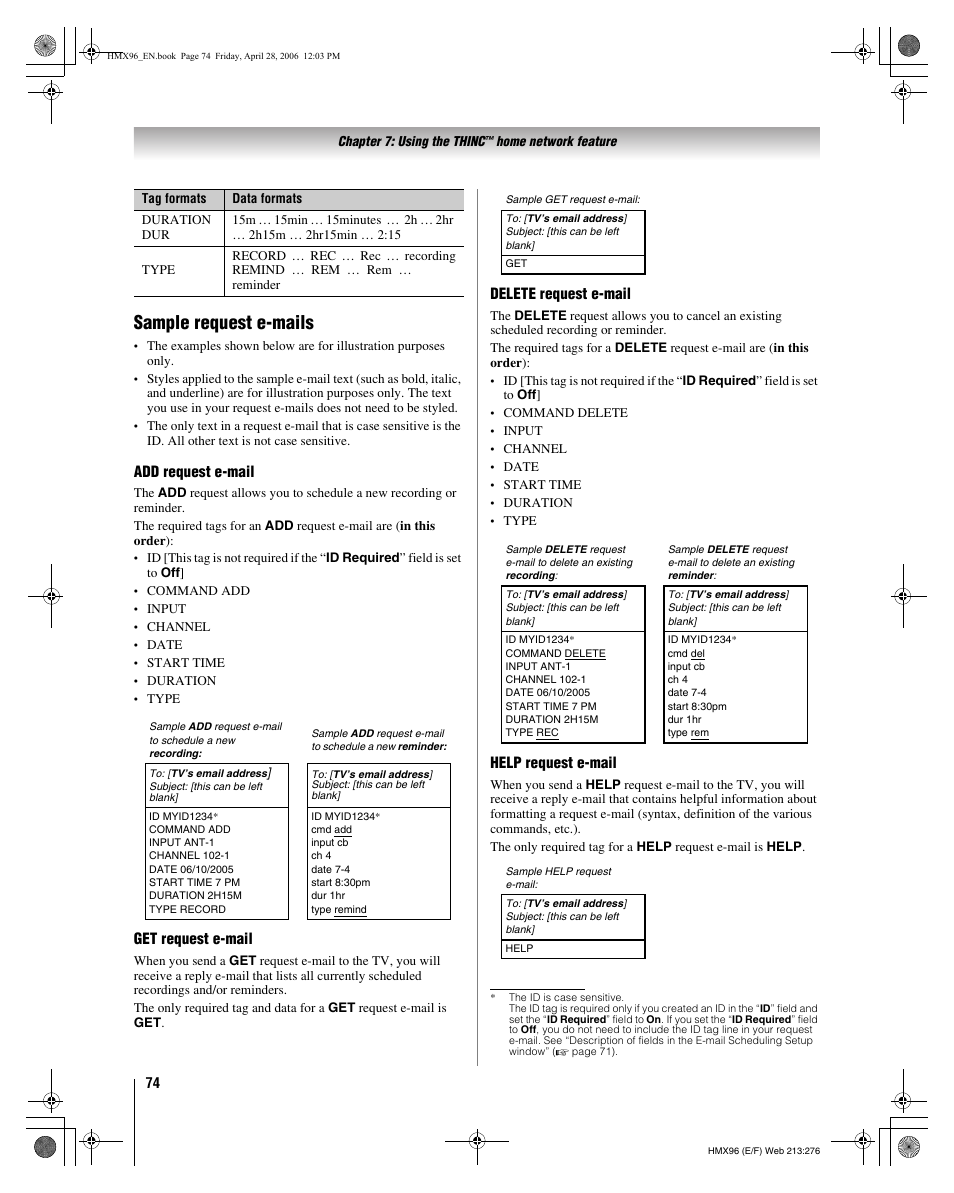 Sample request e-mails | Toshiba 56HMX96 User Manual | Page 74 / 90