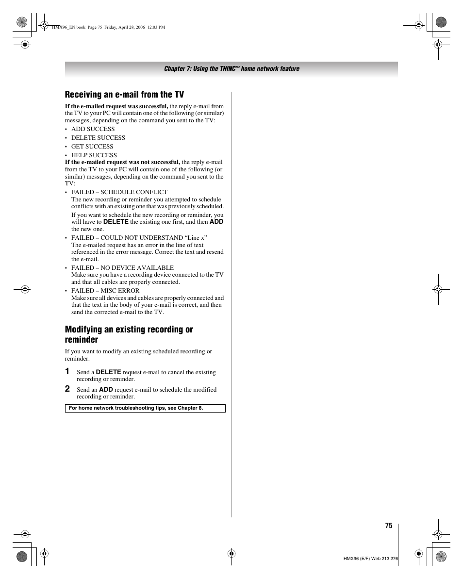 Receiving an e-mail from the tv, Modifying an existing recording or reminder | Toshiba 56HMX96 User Manual | Page 75 / 90