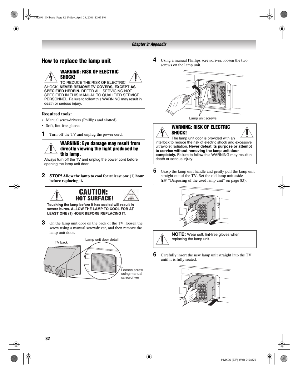 How to replace the lamp unit | Toshiba 56HMX96 User Manual | Page 82 / 90