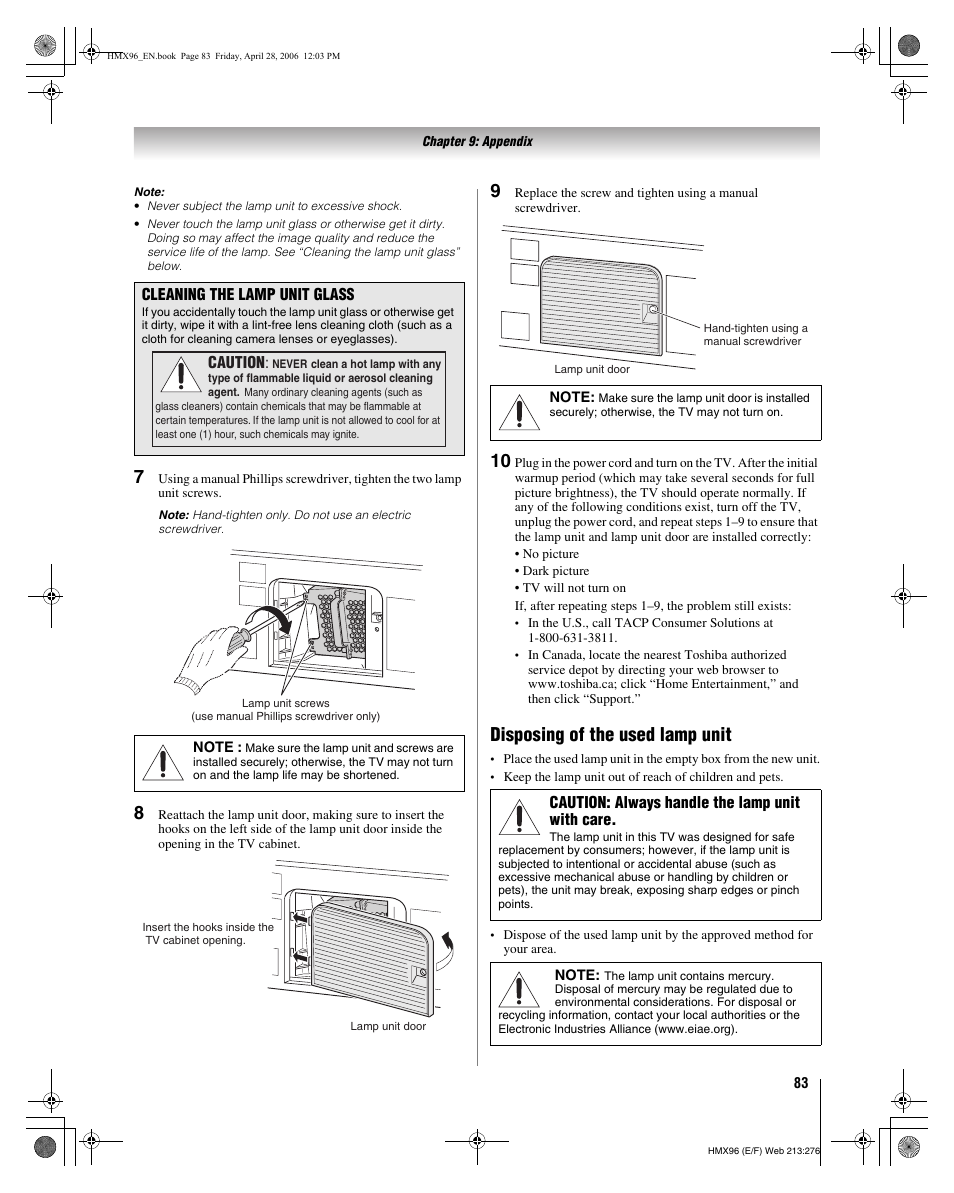 Disposing of the used lamp unit | Toshiba 56HMX96 User Manual | Page 83 / 90