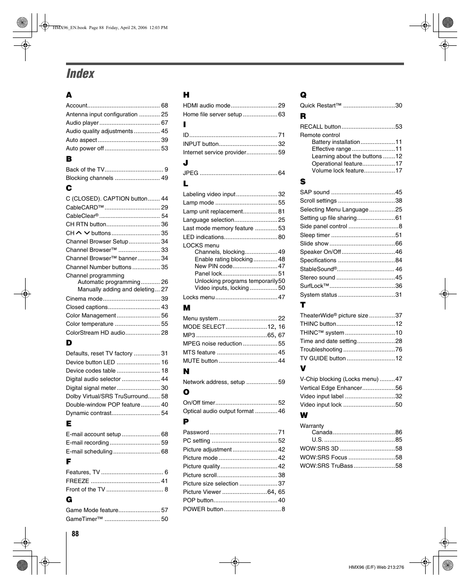 Index | Toshiba 56HMX96 User Manual | Page 88 / 90