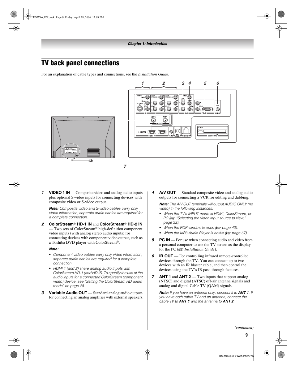 Tv back panel connections | Toshiba 56HMX96 User Manual | Page 9 / 90