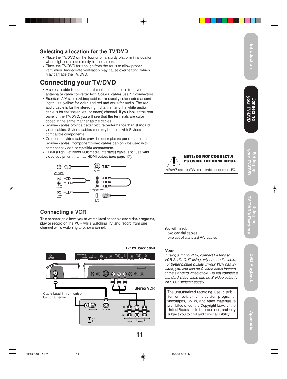 Connecting your tv/dvd, Connecting a vcr, Selecting a location for the tv/dvd | Toshiba 20HLV86 User Manual | Page 11 / 72