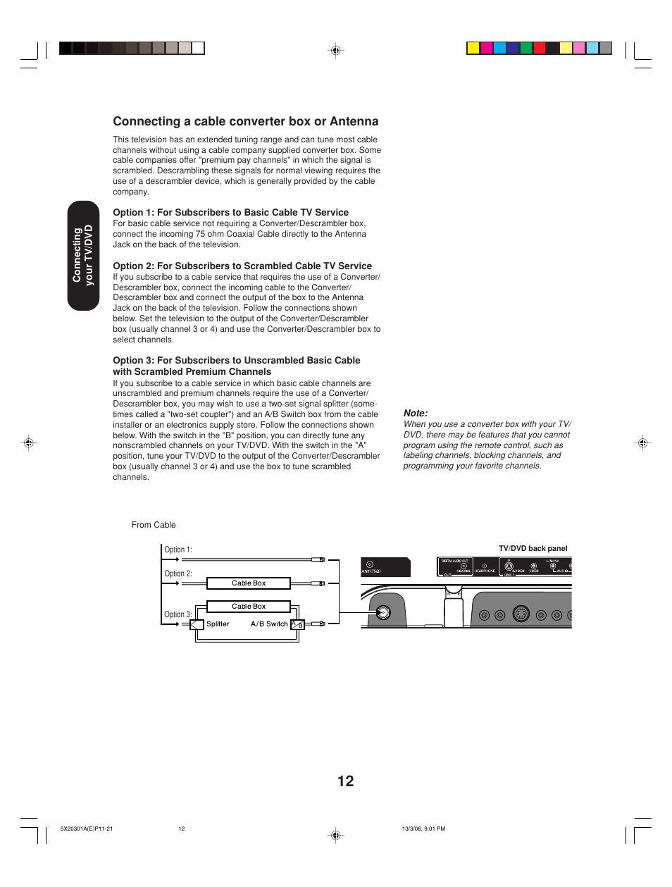 Connecting a cable converter box or antenna | Toshiba 20HLV86 User Manual | Page 12 / 72