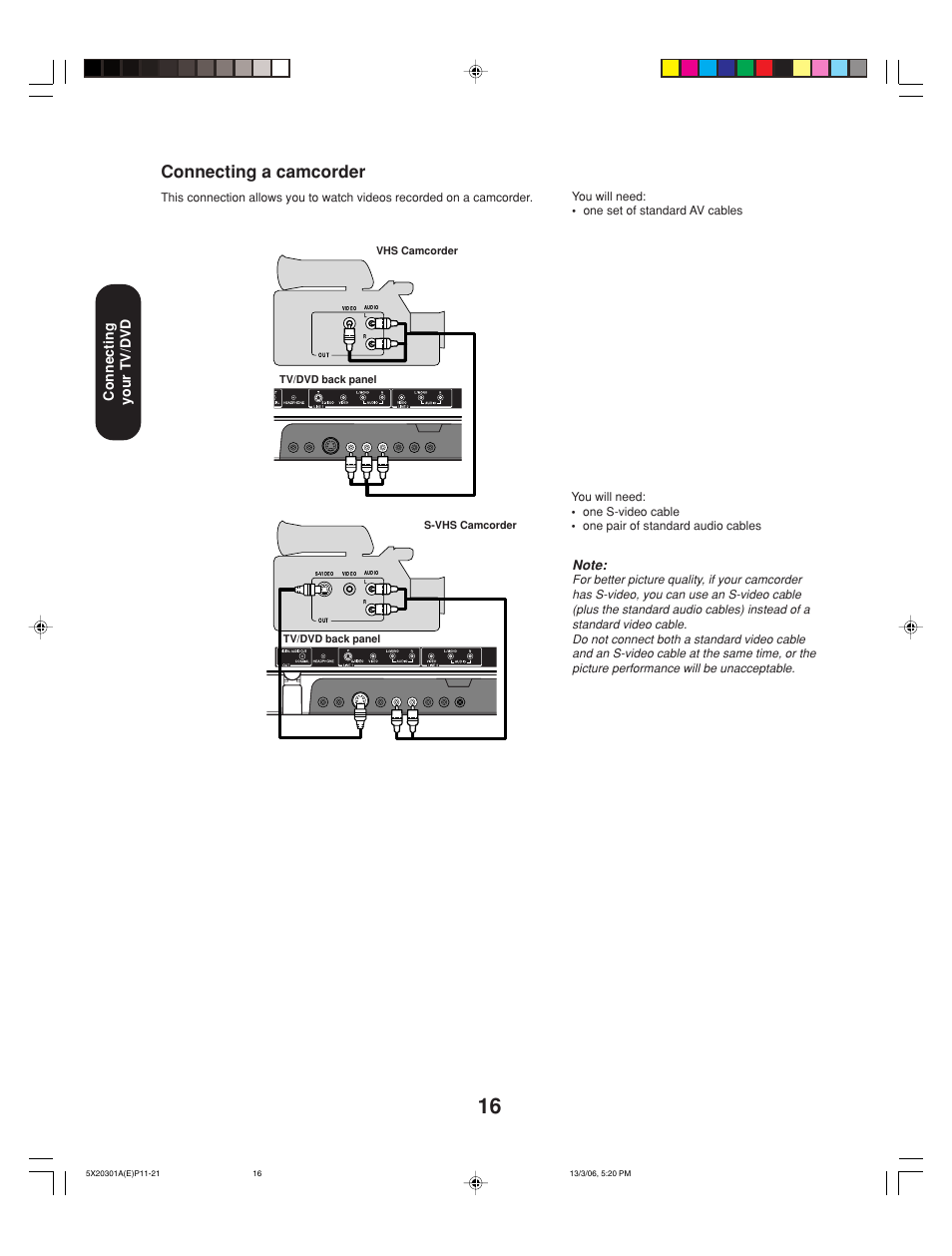 Connecting a camcorder, Connecting your tv/dvd | Toshiba 20HLV86 User Manual | Page 16 / 72