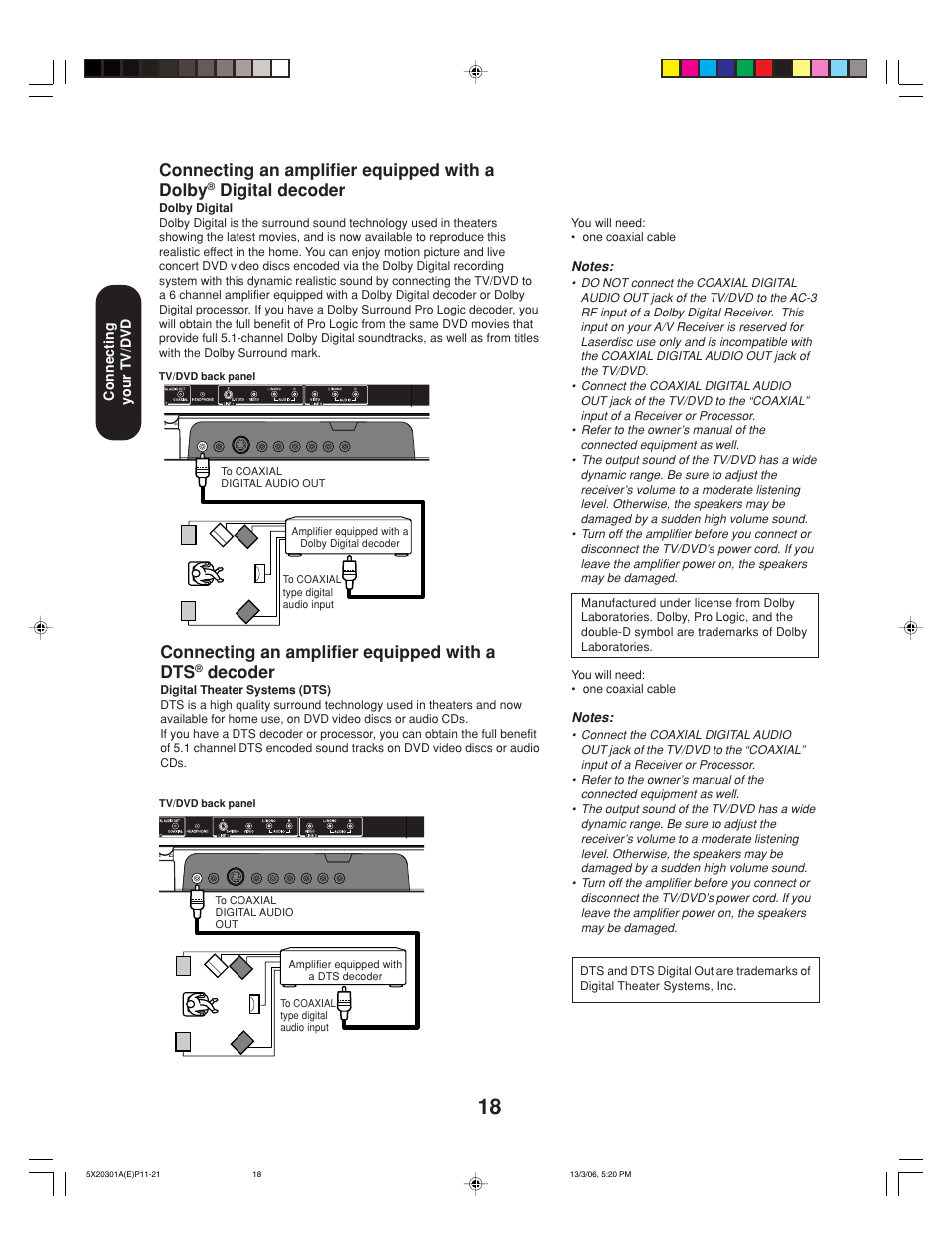 Connecting an amplifier equipped with a dolby, Digital decoder, Connecting an amplifier equipped with a dts | Decoder | Toshiba 20HLV86 User Manual | Page 18 / 72