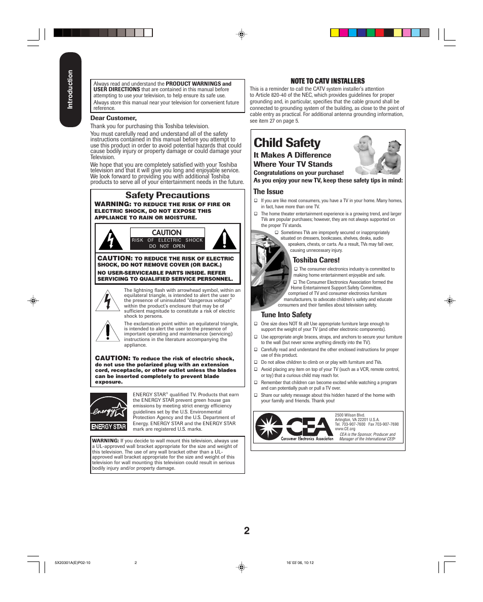 Child safety, Safety precautions, It makes a difference where your tv stands | The issue, Toshiba cares, Tune into safety | Toshiba 20HLV86 User Manual | Page 2 / 72