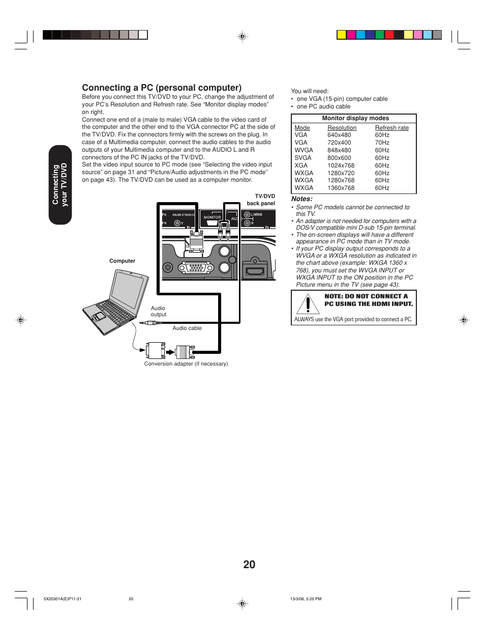 Connecting a pc (personal computer) | Toshiba 20HLV86 User Manual | Page 20 / 72