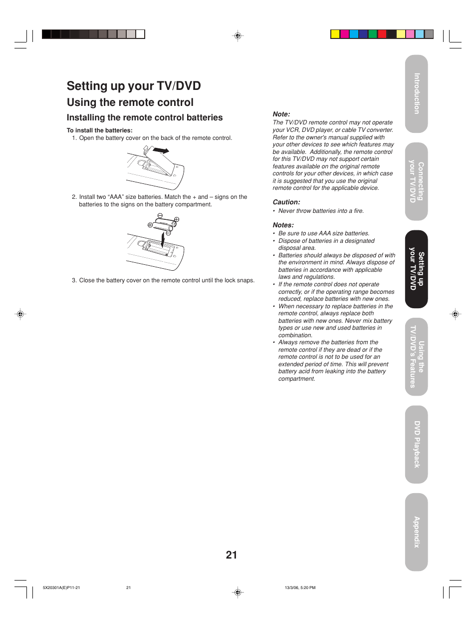 Setting up your tv/dvd, Using the remote control, Installing the remote control batteries | Toshiba 20HLV86 User Manual | Page 21 / 72