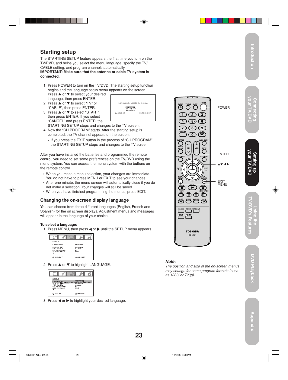 Starting setup, Changing the on-screen display language, Setting up your tv/dvd | Toshiba 20HLV86 User Manual | Page 23 / 72