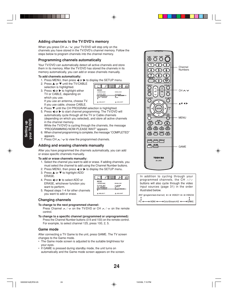 Programming channels automatically, Adding and erasing channels manually, Changing channels | Game mode, Setting up your tv/dvd | Toshiba 20HLV86 User Manual | Page 24 / 72