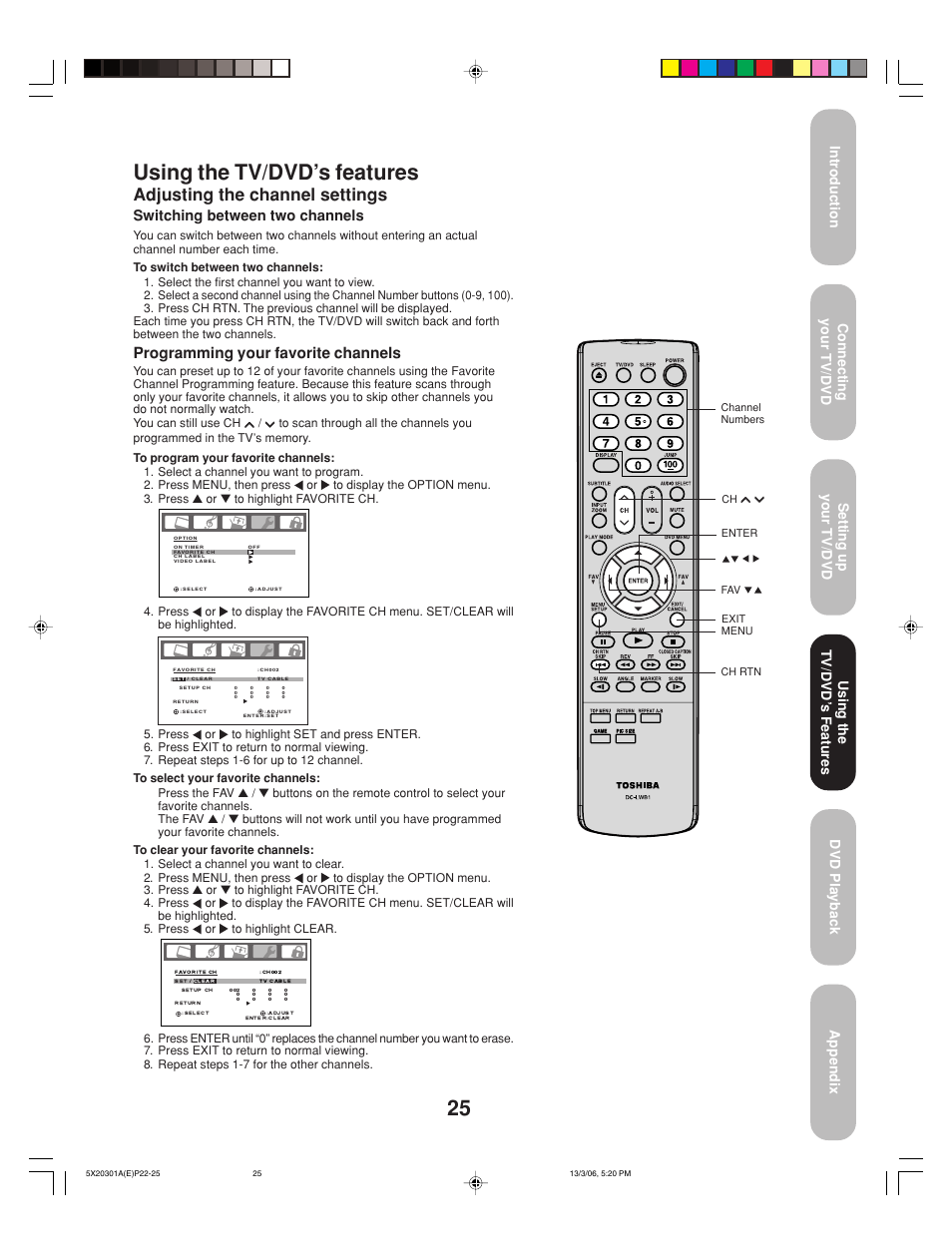 Using the tv/dvd’s features, Adjusting the channel settings, Programming your favorite channels | Switching between two channels, Using the tv/dvd’ s features | Toshiba 20HLV86 User Manual | Page 25 / 72