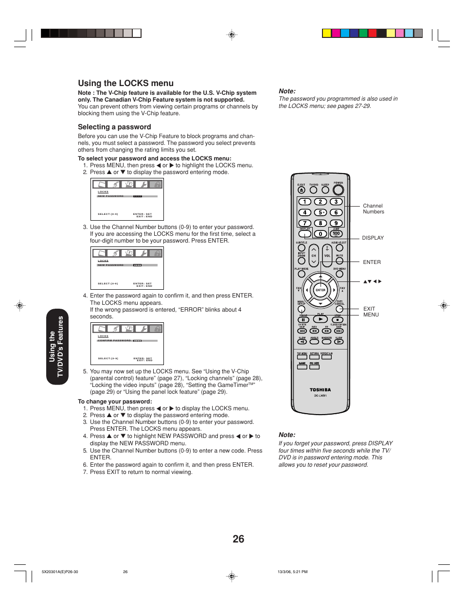 Using the locks menu, Selecting a password, Using the tv/dvd’ s features | Toshiba 20HLV86 User Manual | Page 26 / 72