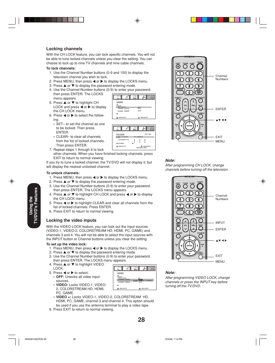 Locking the video inputs, Locking channels, Using the tv/dvd’ s features | Toshiba 20HLV86 User Manual | Page 28 / 72