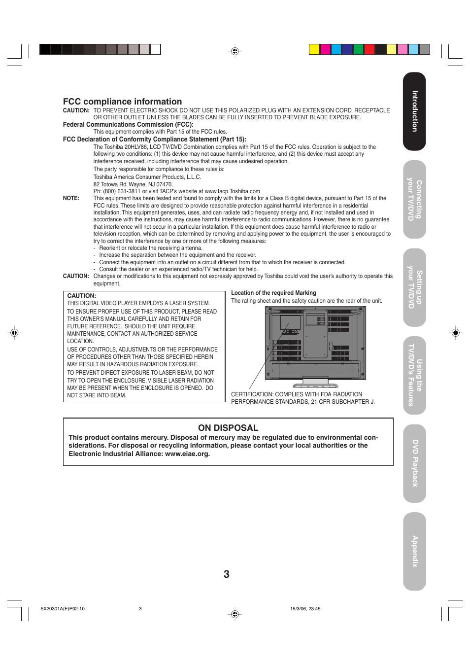 Toshiba 20HLV86 User Manual | Page 3 / 72