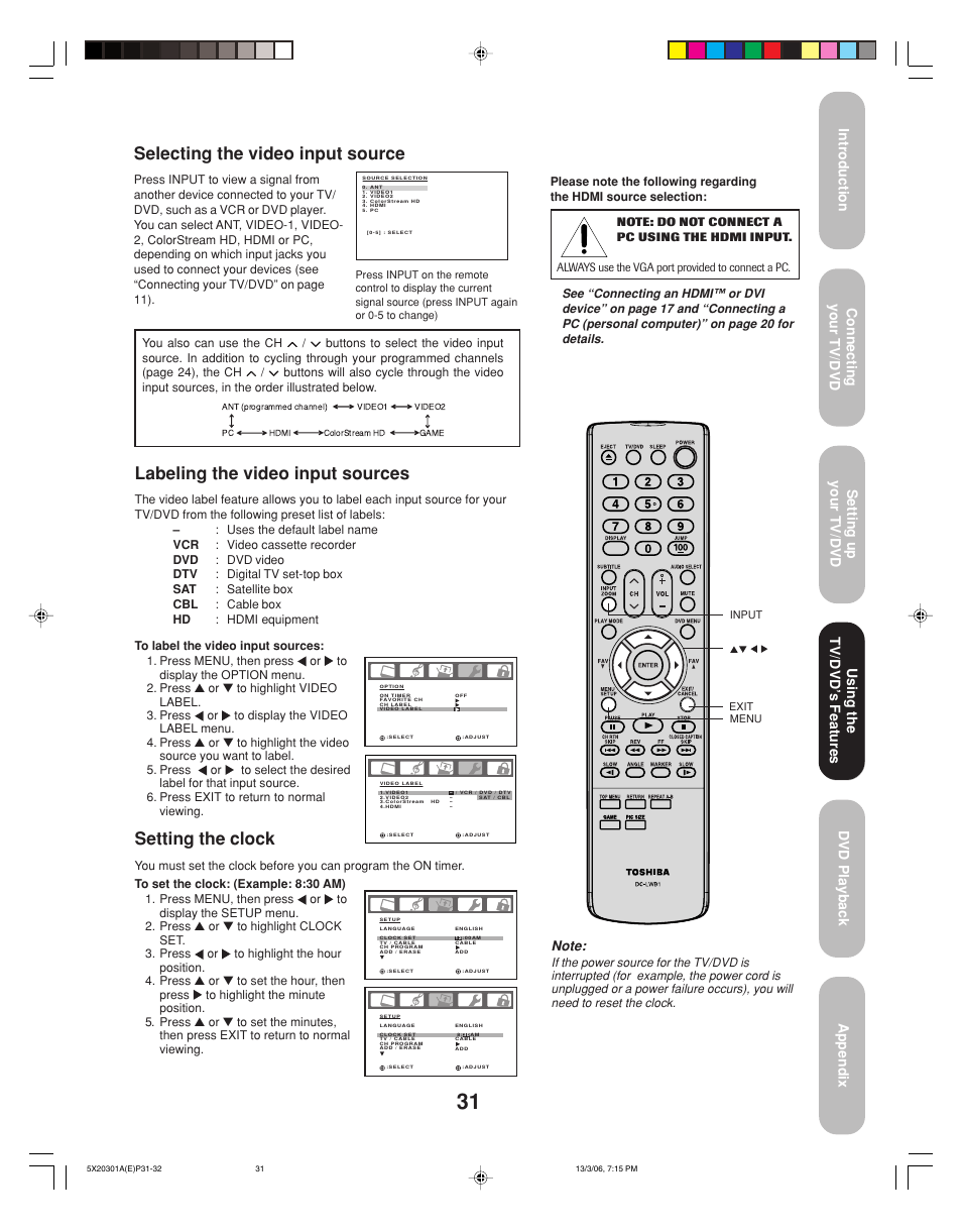 Setting the clock, Selecting the video input source, Labeling the video input sources | Using the tv/dvd’ s features | Toshiba 20HLV86 User Manual | Page 31 / 72