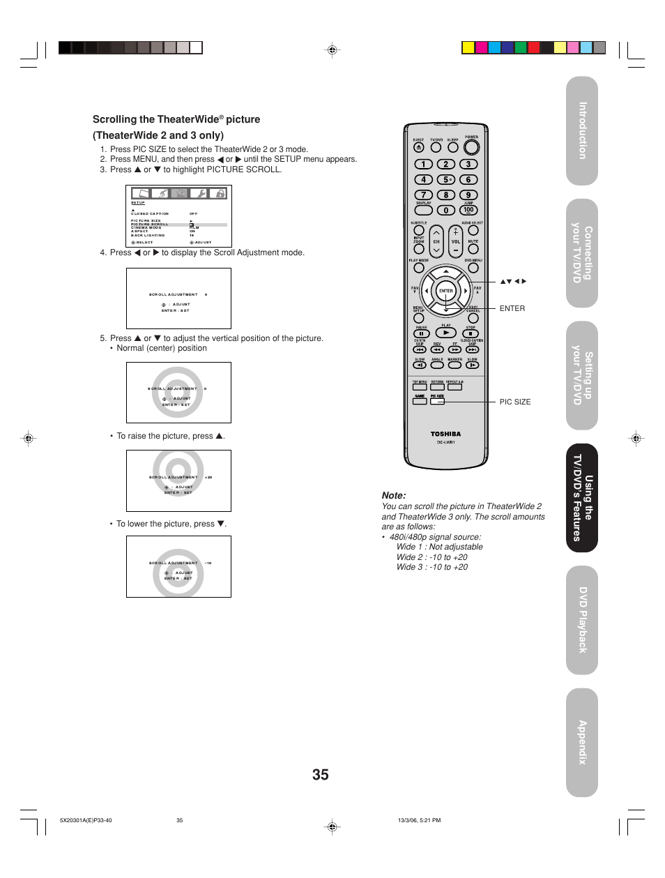 Scrolling the theaterwide, Picture (theaterwide 2 and 3 only) | Toshiba 20HLV86 User Manual | Page 35 / 72