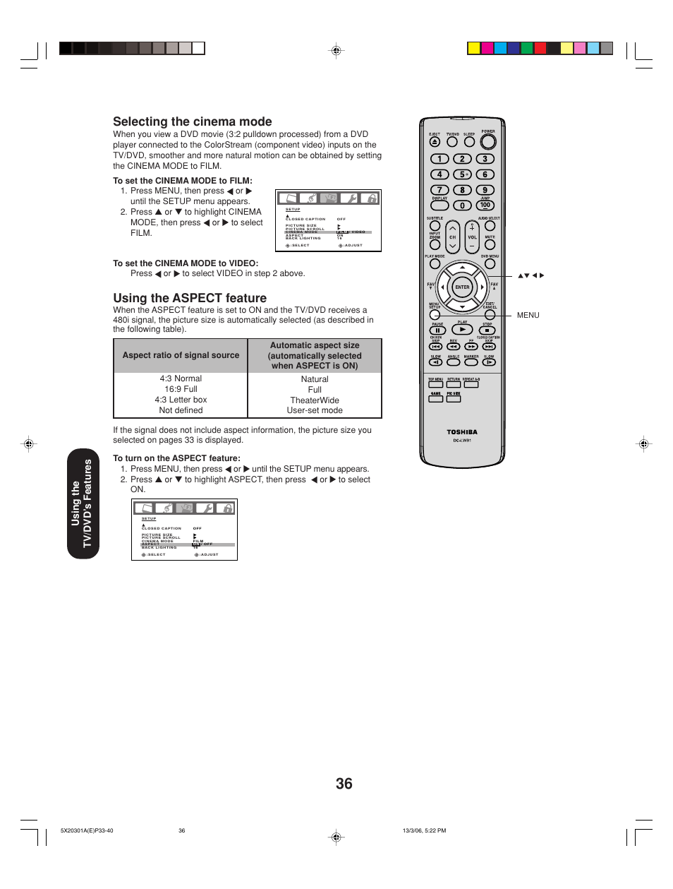 Selecting the cinema mode, Using the aspect feature, Using the tv/dvd’ s features | Toshiba 20HLV86 User Manual | Page 36 / 72