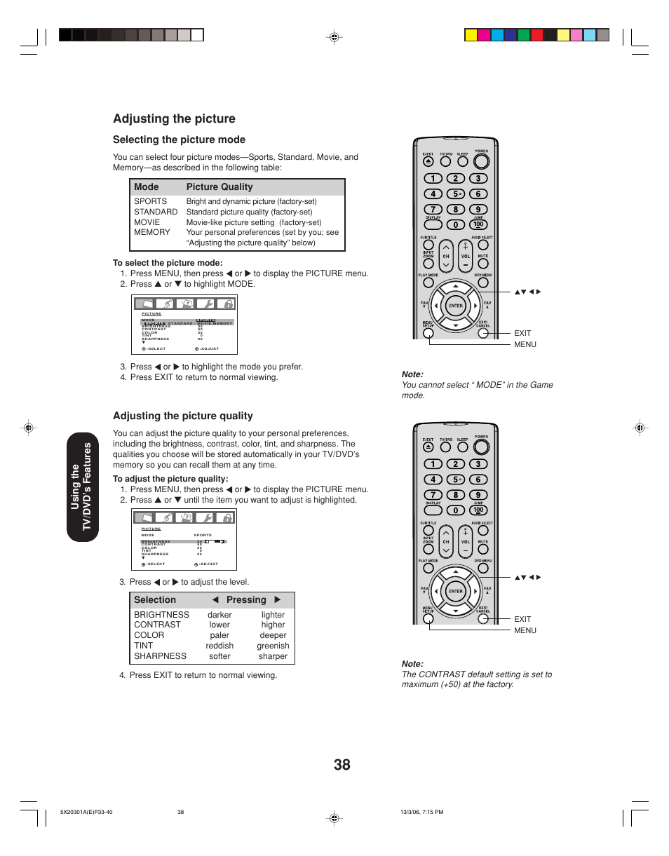 Adjusting the picture, Selecting the picture mode, Selection pressing | Mode picture quality | Toshiba 20HLV86 User Manual | Page 38 / 72