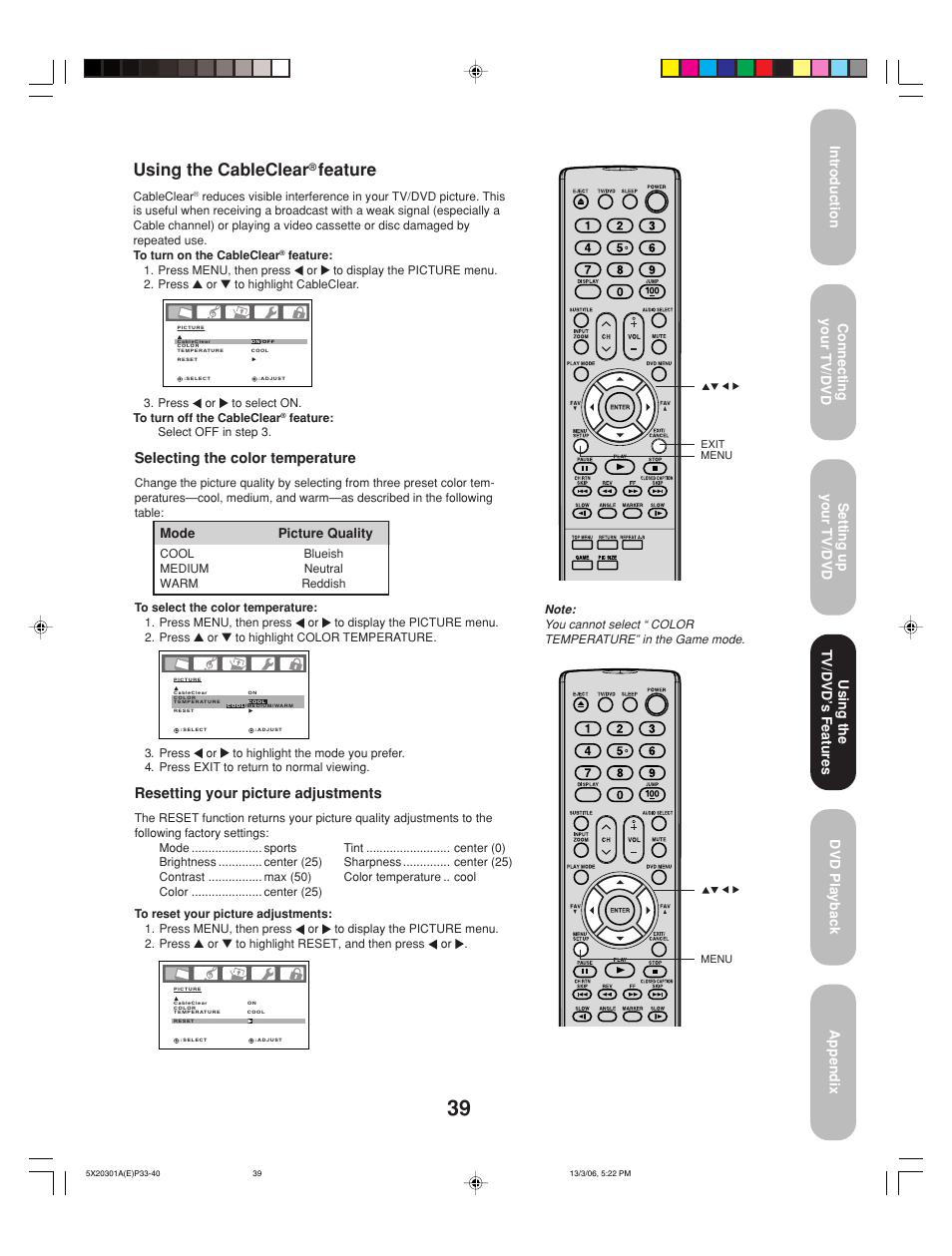 Using the cableclear, Feature, Resetting your picture adjustments | Toshiba 20HLV86 User Manual | Page 39 / 72