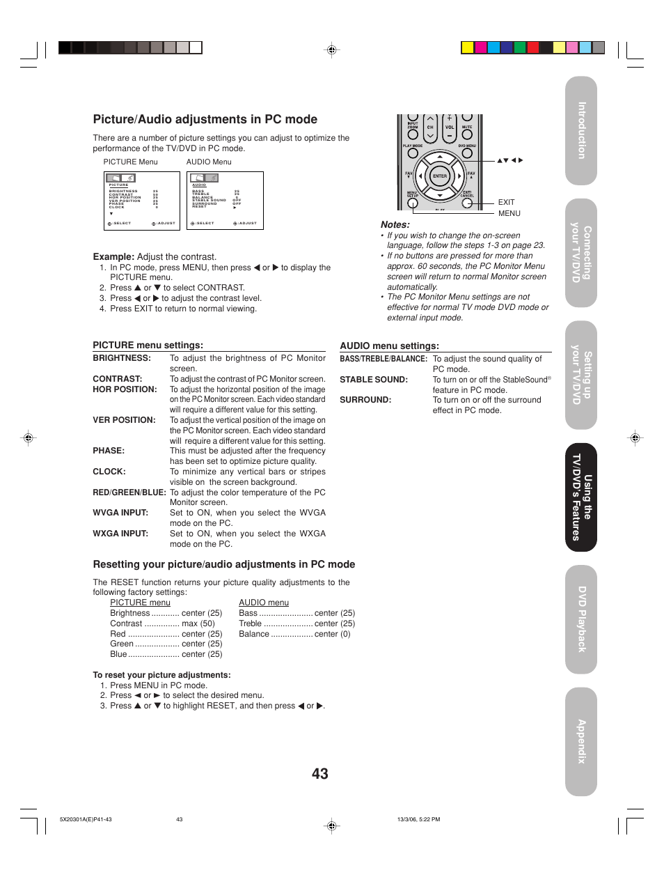 Picture/audio adjustments in pc mode | Toshiba 20HLV86 User Manual | Page 43 / 72