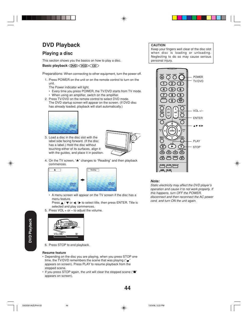 Dvd playback, Playing a disc | Toshiba 20HLV86 User Manual | Page 44 / 72