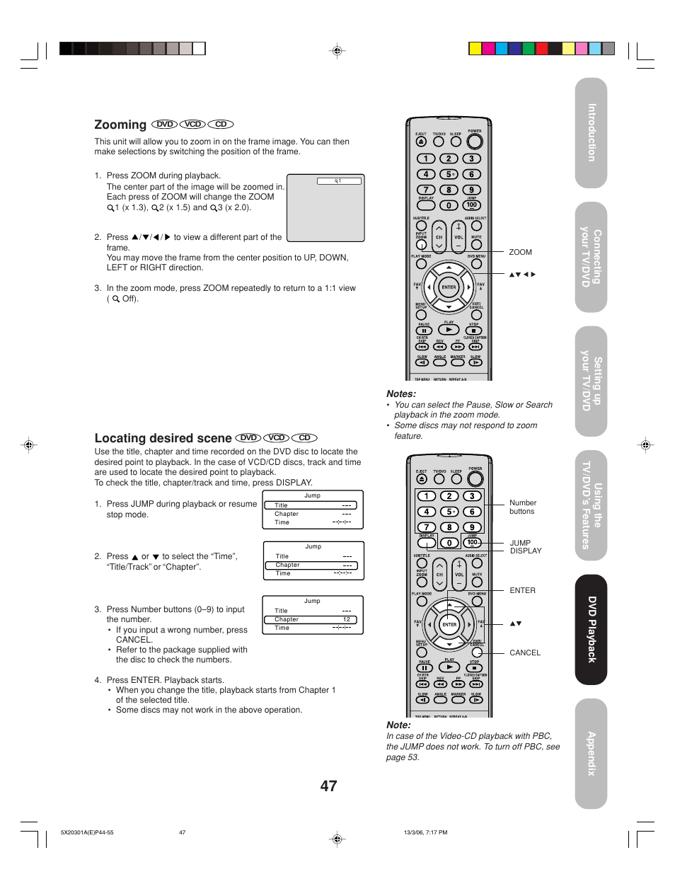 Zooming, Locating desired scene | Toshiba 20HLV86 User Manual | Page 47 / 72