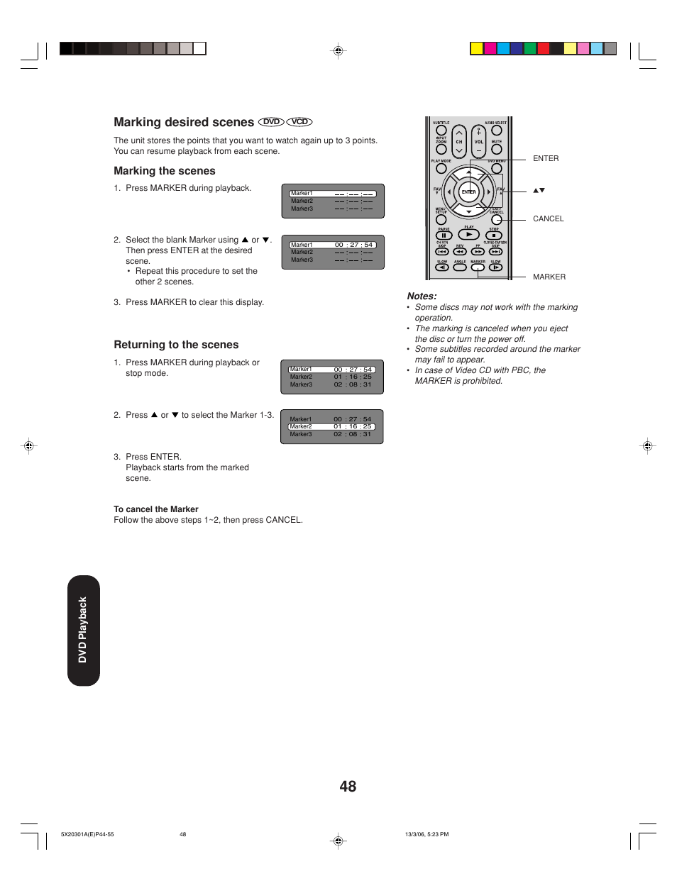 Marking desired scenes, Marking the scenes, Returning to the scenes | Dvd playback | Toshiba 20HLV86 User Manual | Page 48 / 72