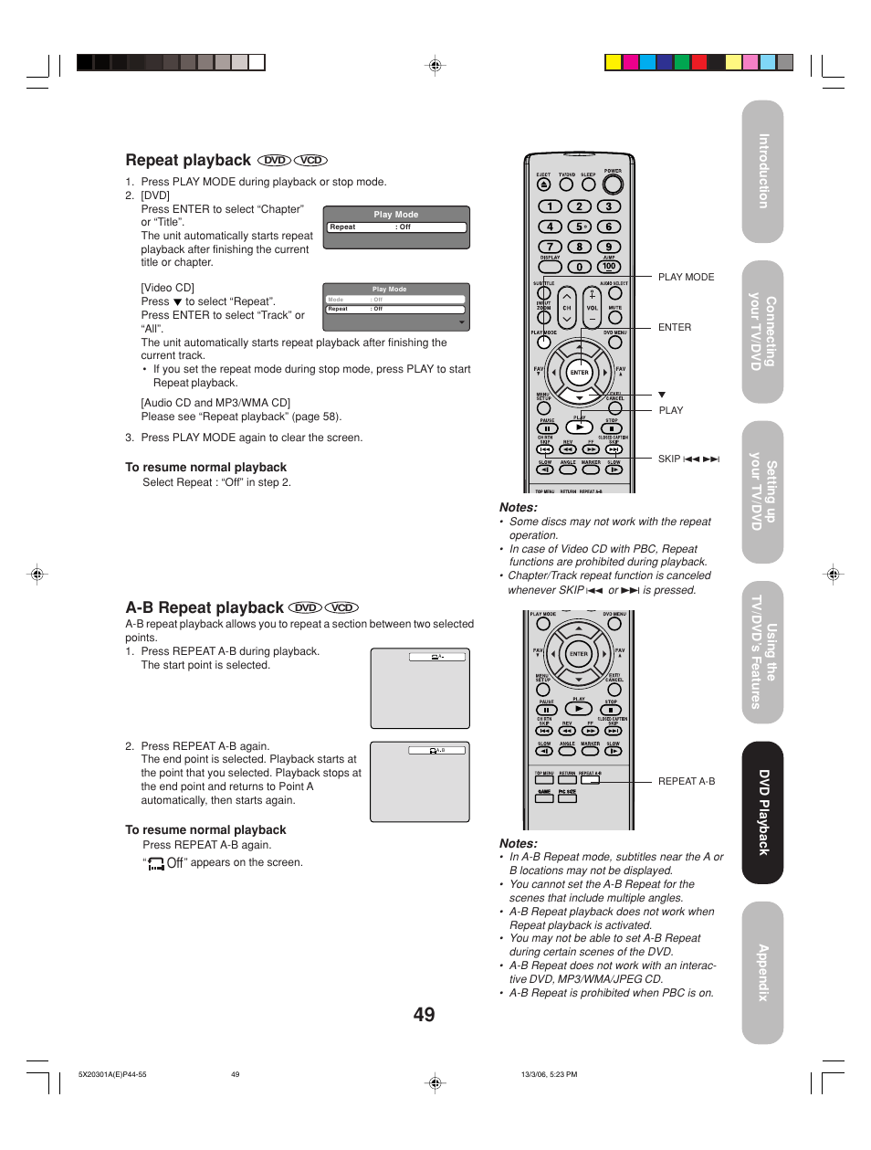 Repeat playback, A-b repeat playback | Toshiba 20HLV86 User Manual | Page 49 / 72