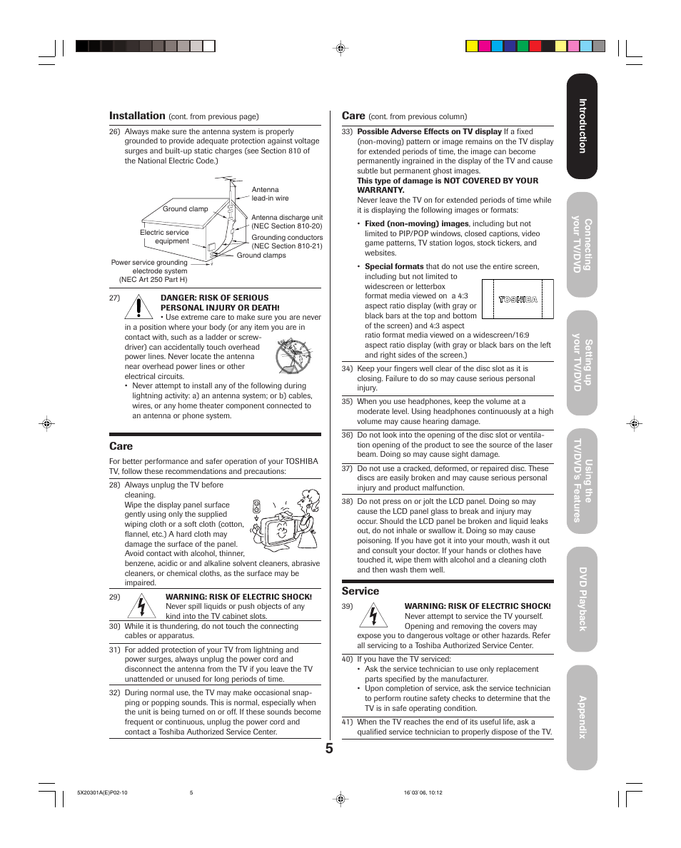 Service, Installation, Care | Toshiba 20HLV86 User Manual | Page 5 / 72