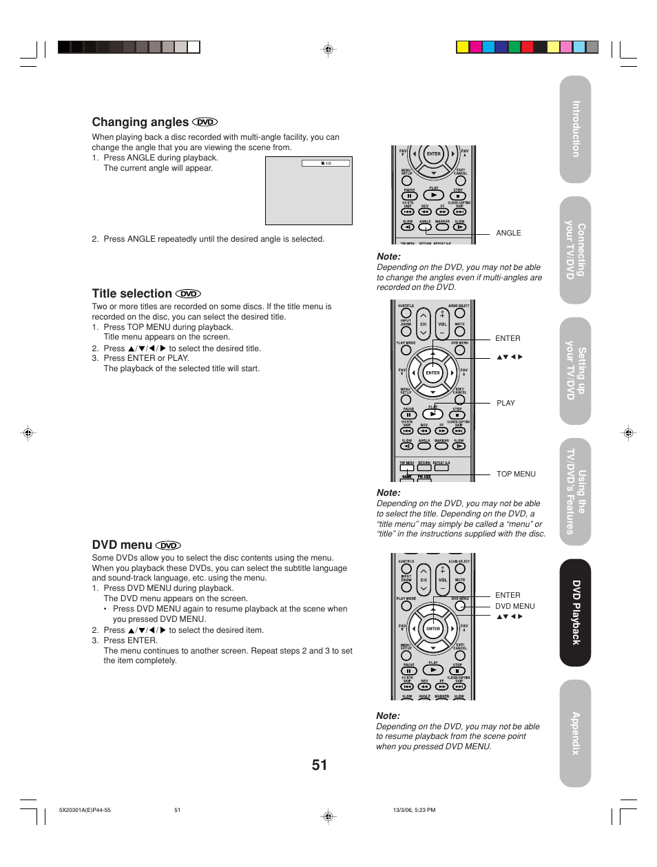 Changing angles, Title selection, Dvd menu | Toshiba 20HLV86 User Manual | Page 51 / 72