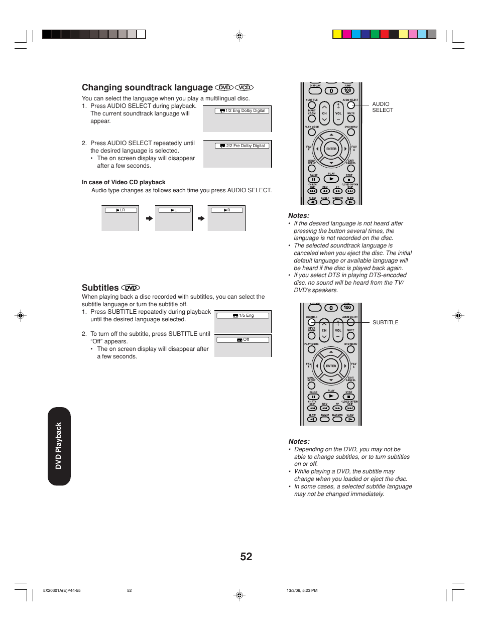 Changing soundtrack language, Subtitles | Toshiba 20HLV86 User Manual | Page 52 / 72