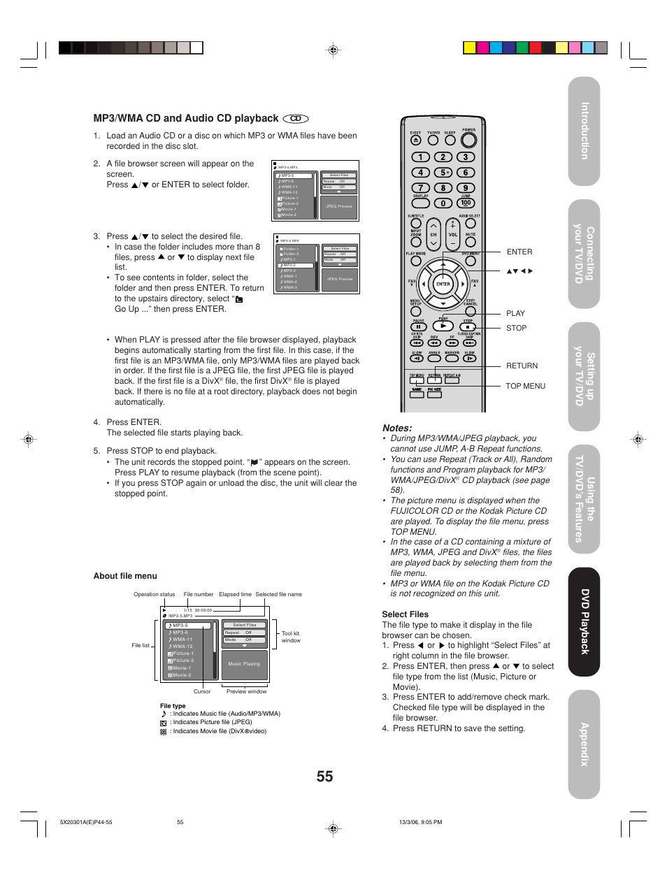 Mp3/wma cd and audio cd playback | Toshiba 20HLV86 User Manual | Page 55 / 72