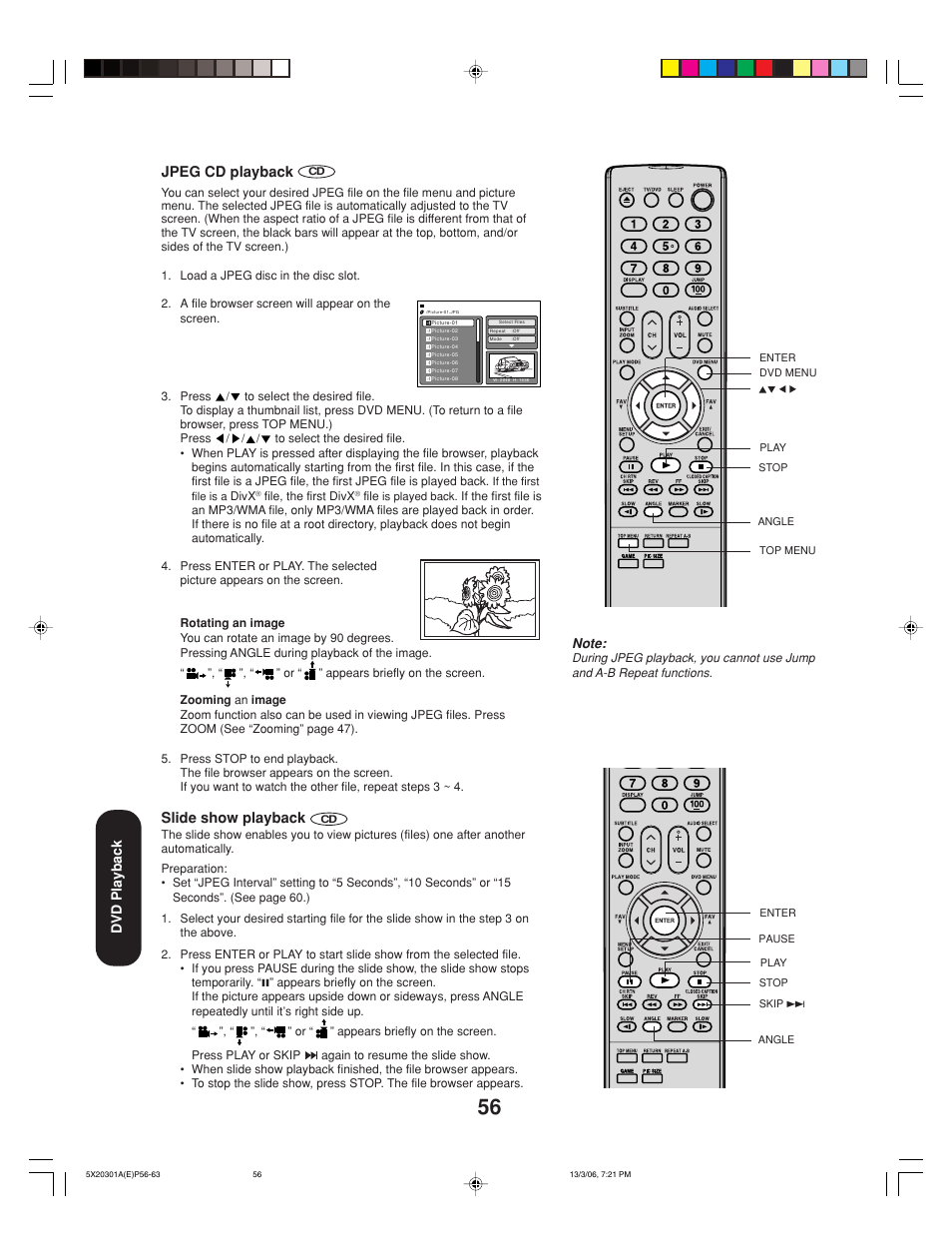 Dvd playback, Jpeg cd playback, Slide show playback | Toshiba 20HLV86 User Manual | Page 56 / 72