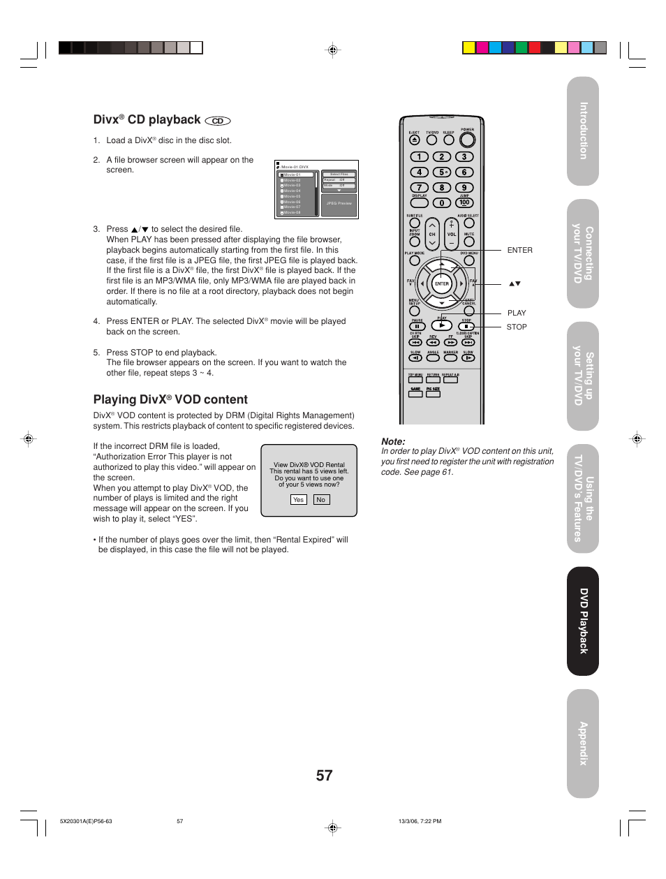 Divx, Cd playback, Playing divx | Vod content | Toshiba 20HLV86 User Manual | Page 57 / 72