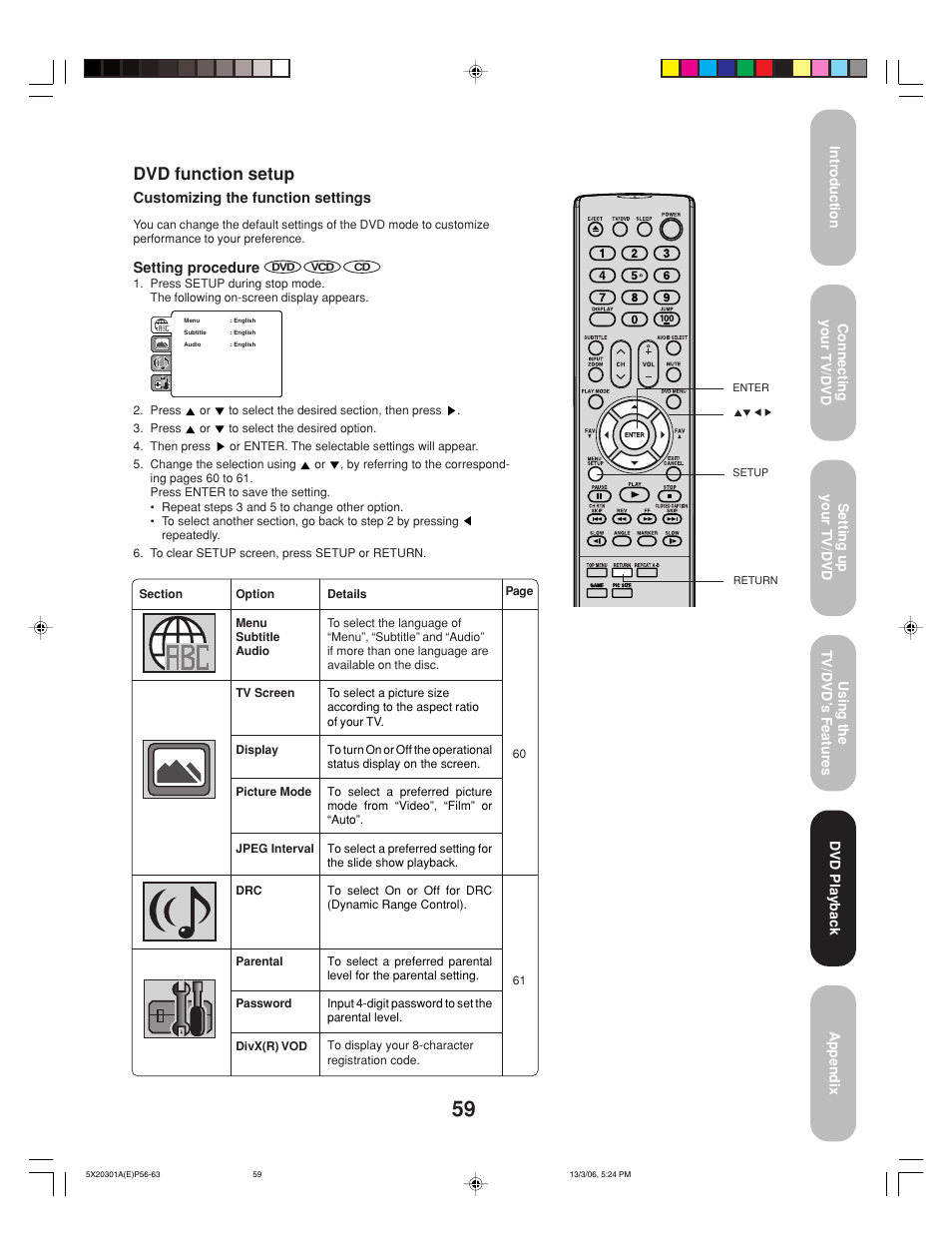 Dvd function setup, Customizing the function settings, Setting procedure | Toshiba 20HLV86 User Manual | Page 59 / 72