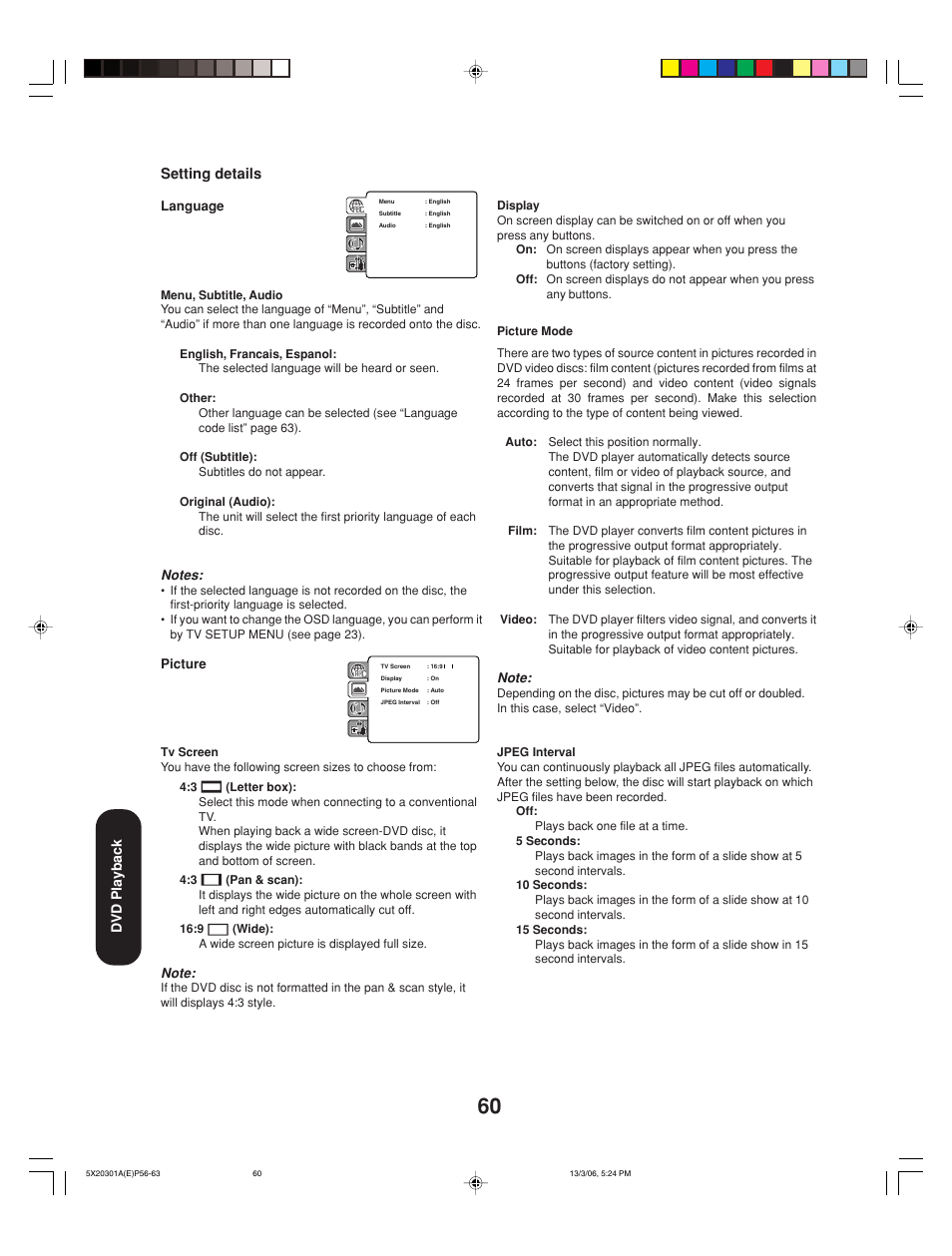 Dvd playback setting details, Language, Picture | Toshiba 20HLV86 User Manual | Page 60 / 72