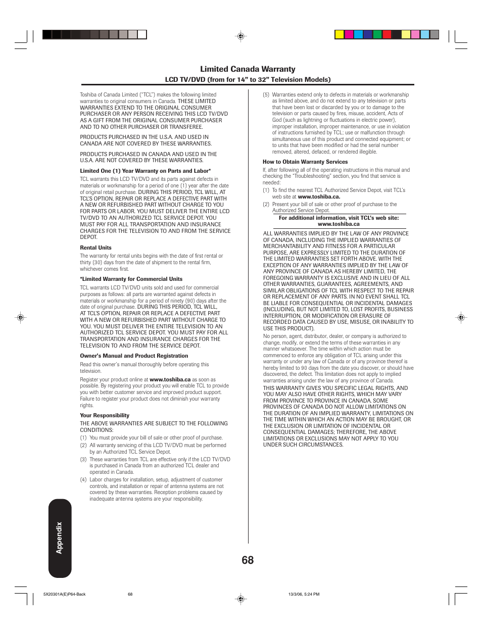 Limited canada warranty | Toshiba 20HLV86 User Manual | Page 68 / 72